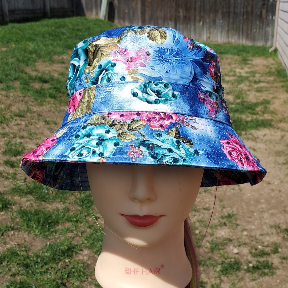Ladies Blue Flowered Bucket BLING Hat NEW